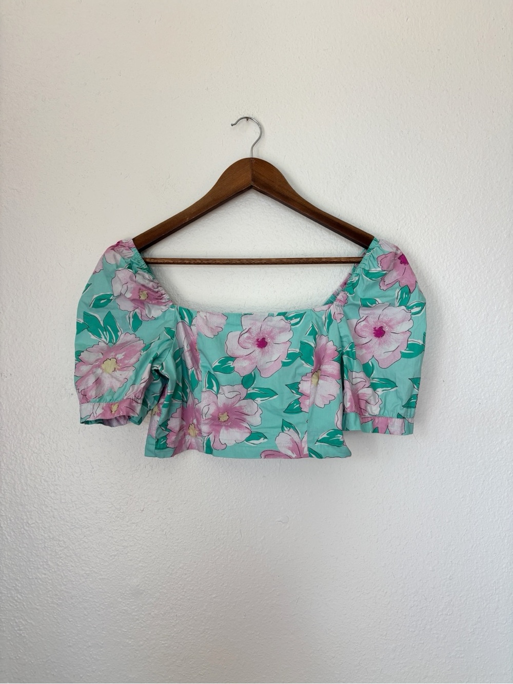 Floral Mint and Pink Puff-Sleeve Crop Top